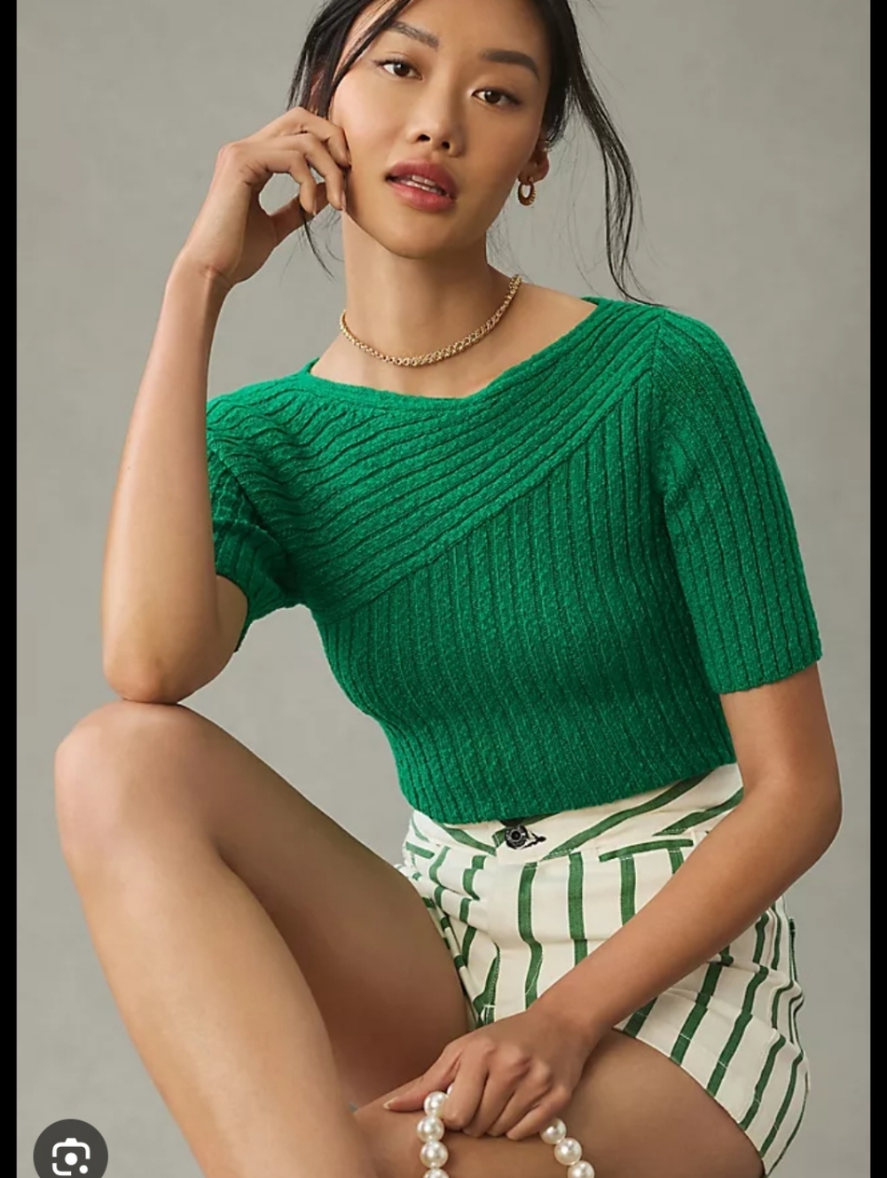 Green Ribbed Short-Sleeve Sweater Top